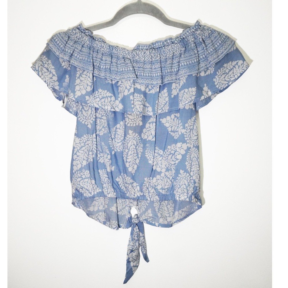 NWT Blue Milkmaid Cottage Cropped Blouse Off Shoulder Prairie Ruffle Sleeve M - Picture 3 of 8